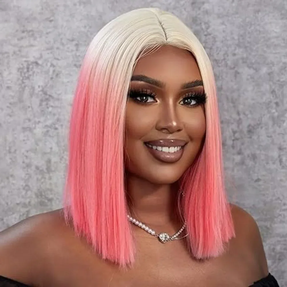 Pink Halloween Wig Long Bob Straight Wig Hair Synthetic Lace For Women